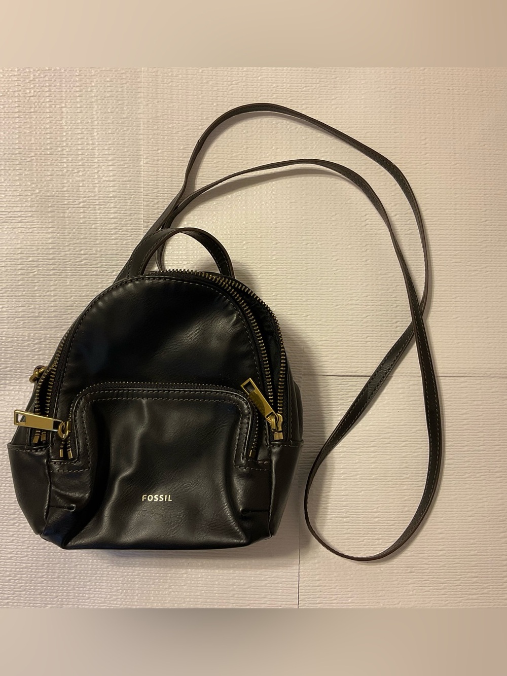 Fossil Black Leather Mini Crossbody Backpack with Gold Hardware